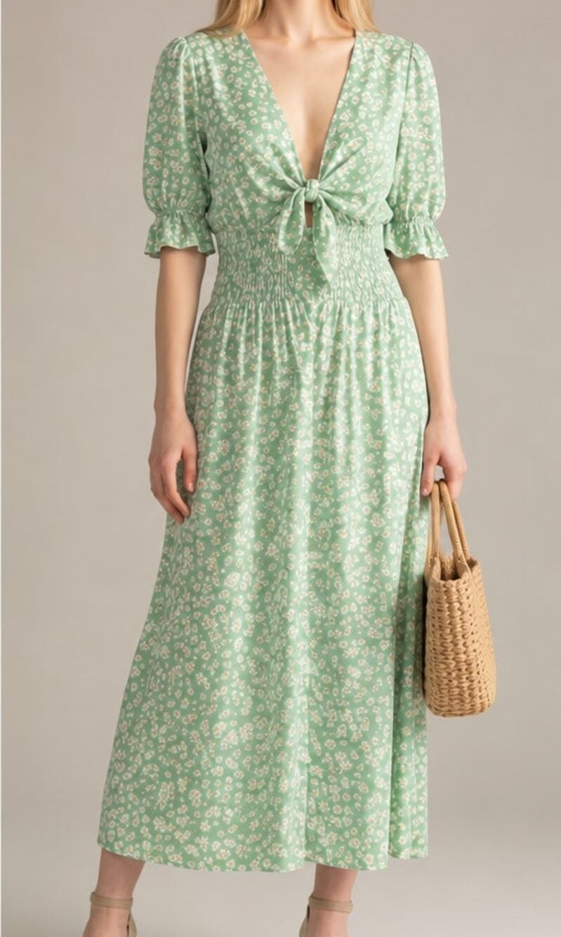 Lost + Wander My Way Midi Dress Green White Floral Tie Open Back Smocked L NWT